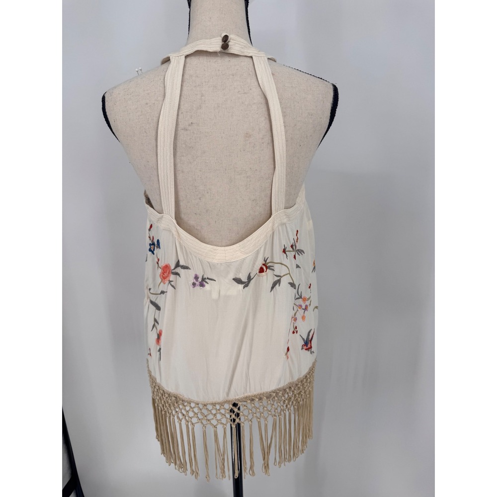Anthropologie Halter Top Women Size 8 Ivory Embroidered Fringe Boho Bird - Picture 3 of 14